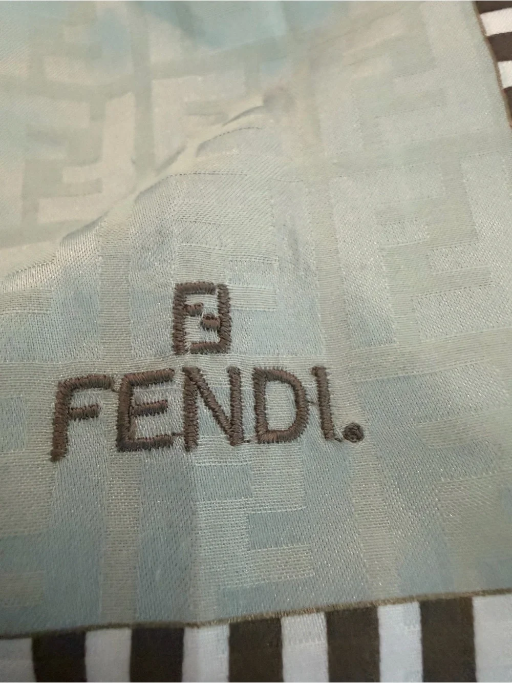 Fendi Monogram Silk Scarf in gray/silver with striped brown Border